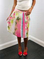 VDP Club 2000s Pink Floral and Stripe Pleated Chiffon Skirt - S