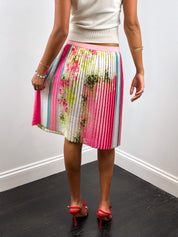 VDP Club 2000s Pink Floral and Stripe Pleated Chiffon Skirt - S
