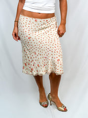 Blumarine 2000s Cream Rosebud Print Lace-Trim Midi Skirt - L