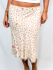 Blumarine 2000s Cream Rosebud Print Lace-Trim Midi Skirt - L