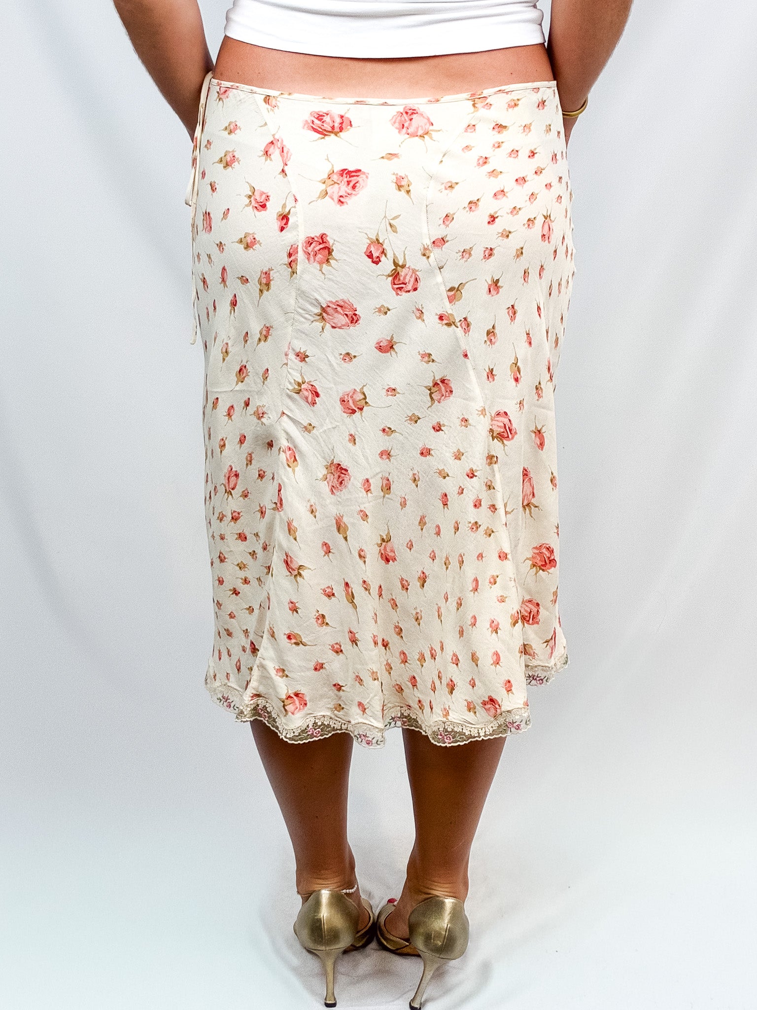 Blumarine 2000s Cream Rosebud Print Lace-Trim Midi Skirt - L