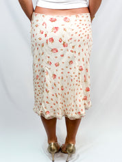 Blumarine 2000s Cream Rosebud Print Lace-Trim Midi Skirt - L