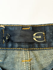 Just Cavalli 2000s Distressed Dark Wash Flare Jeans with Leather Butterfly Patch - W30