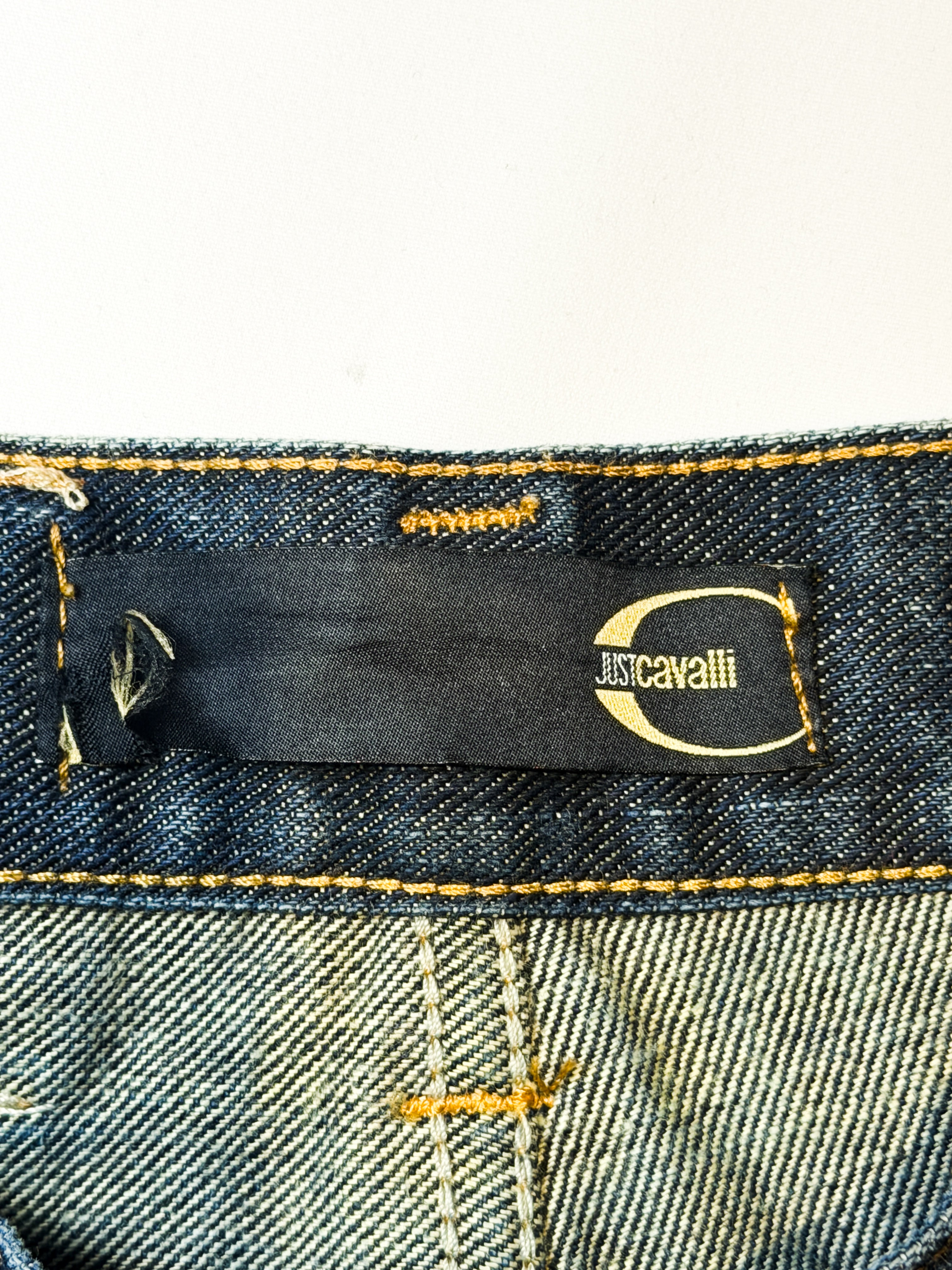 Just Cavalli 2000s Distressed Dark Wash Flare Jeans with Leather Butterfly Patch - W30