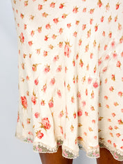 Blumarine 2000s Cream Rosebud Print Lace-Trim Midi Skirt - L