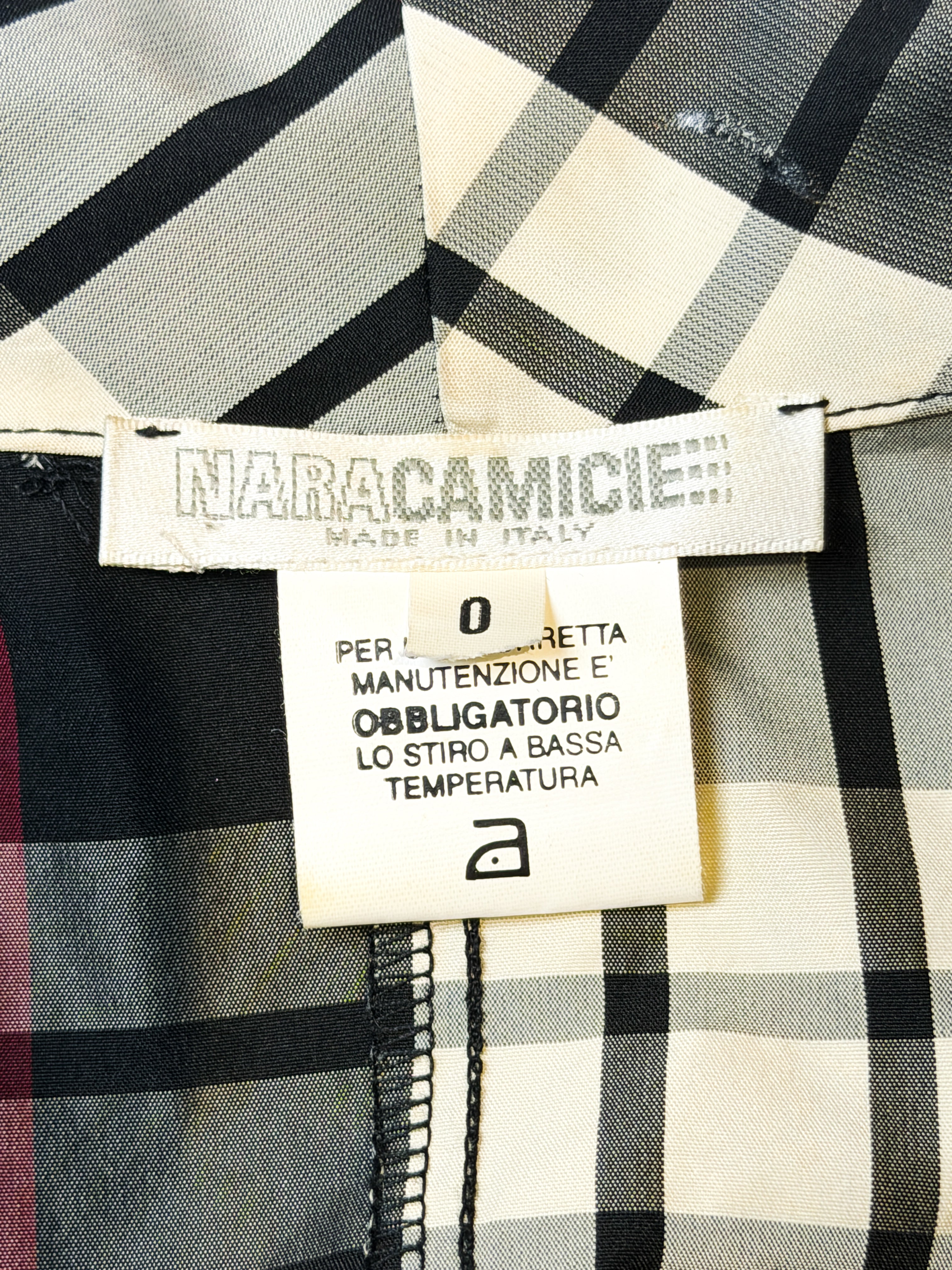 Naracamicie 2000s Black Cream Plaid Shawl Collar Tie-Waist Blouse - S