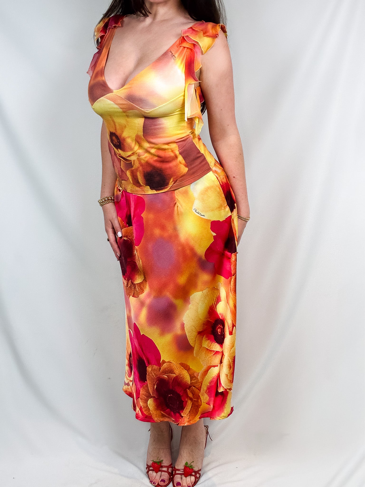 Roberto Cavalli SS 2002 Orange Floral Print Top & Skirt Set - M