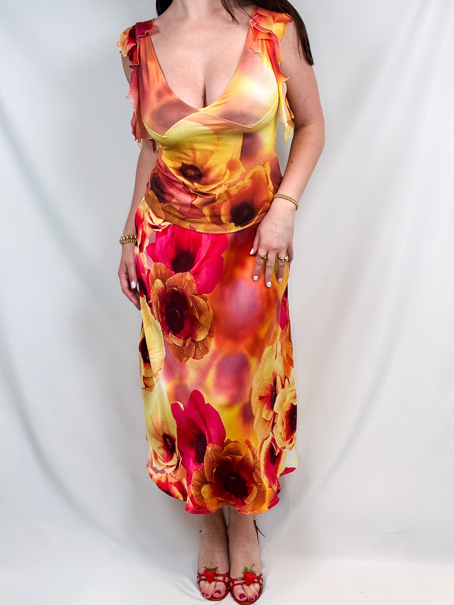 Roberto Cavalli SS 2002 Orange Floral Print Top & Skirt Set - M