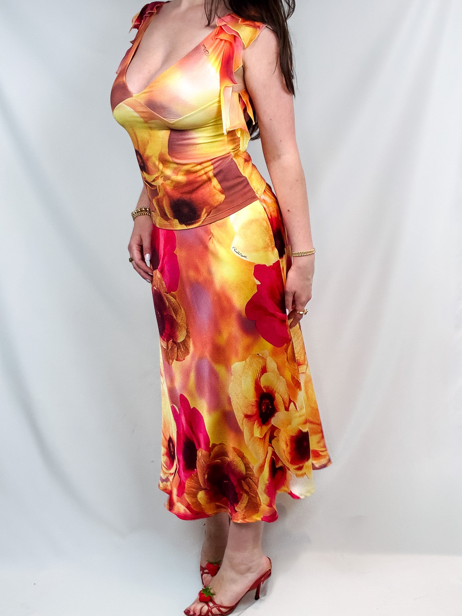 Roberto Cavalli SS 2002 Orange Floral Print Top & Skirt Set - M