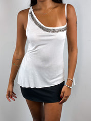Betty Blue 2000s White Rhinestone Fringe One Shoulder Top - XS-M