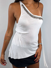 Betty Blue 2000s White Rhinestone Fringe One Shoulder Top - XS-M
