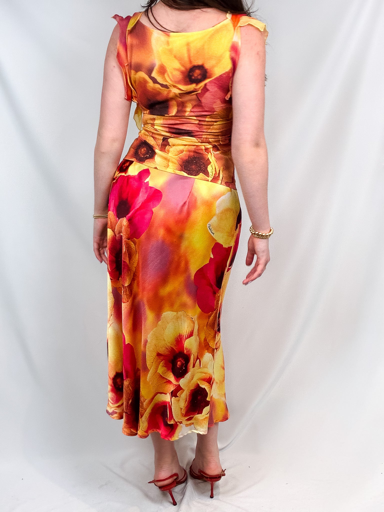 Roberto Cavalli SS 2002 Orange Floral Print Top & Skirt Set - M
