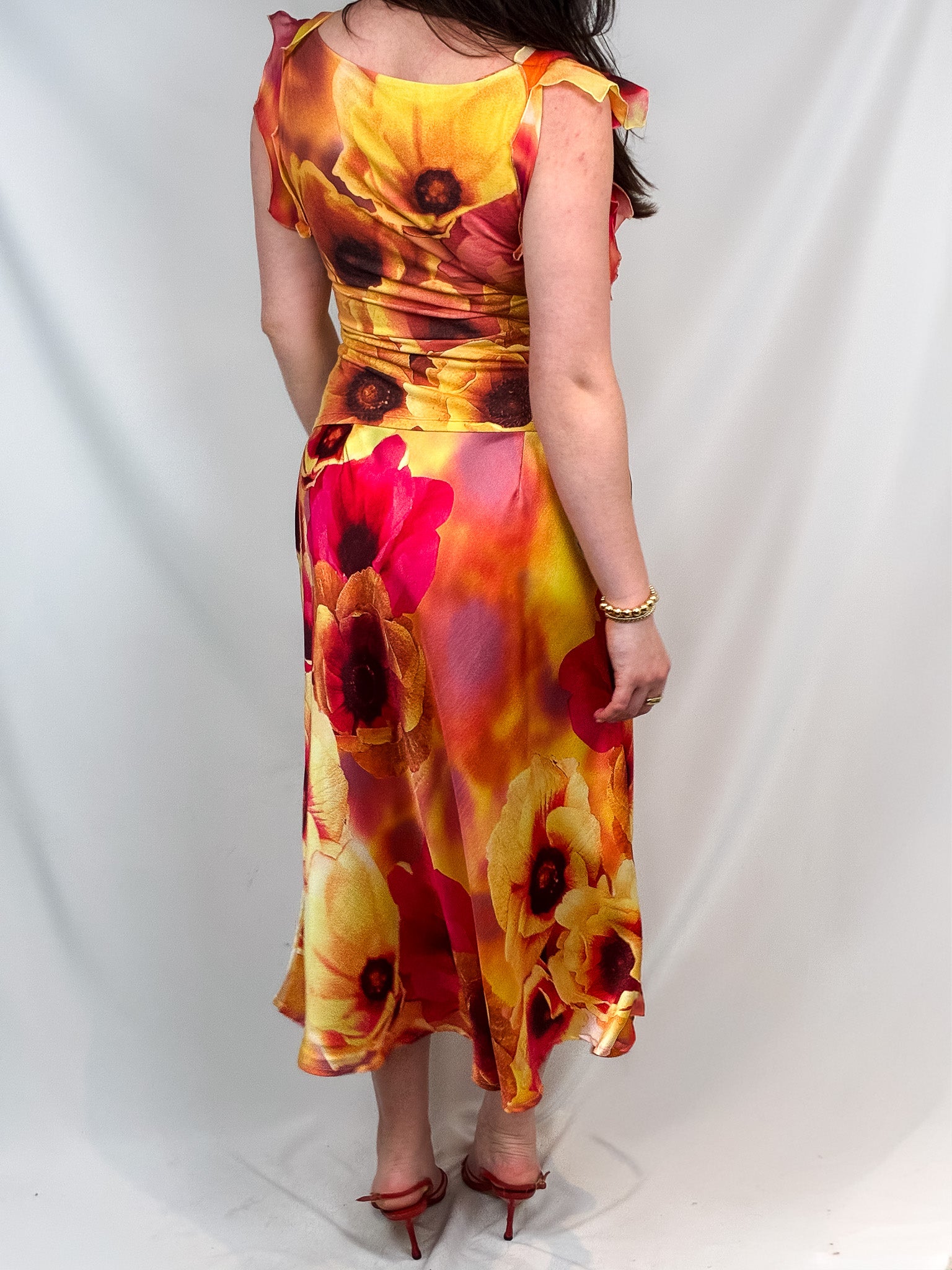 Roberto Cavalli SS 2002 Orange Floral Print Top & Skirt Set - M