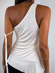 Betty Blue 2000s White Rhinestone Fringe One Shoulder Top - XS-M
