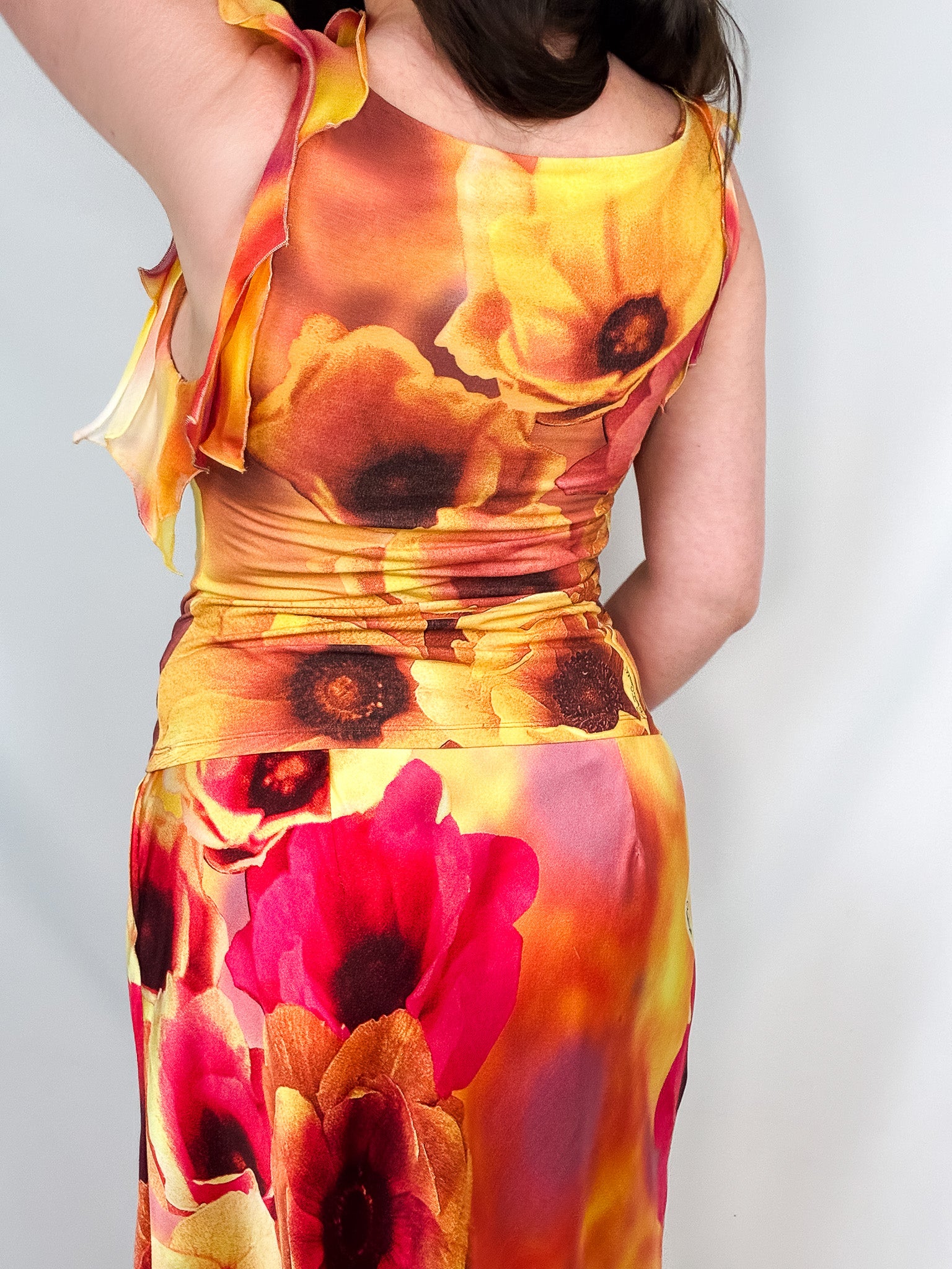 Roberto Cavalli SS 2002 Orange Floral Print Top & Skirt Set - M