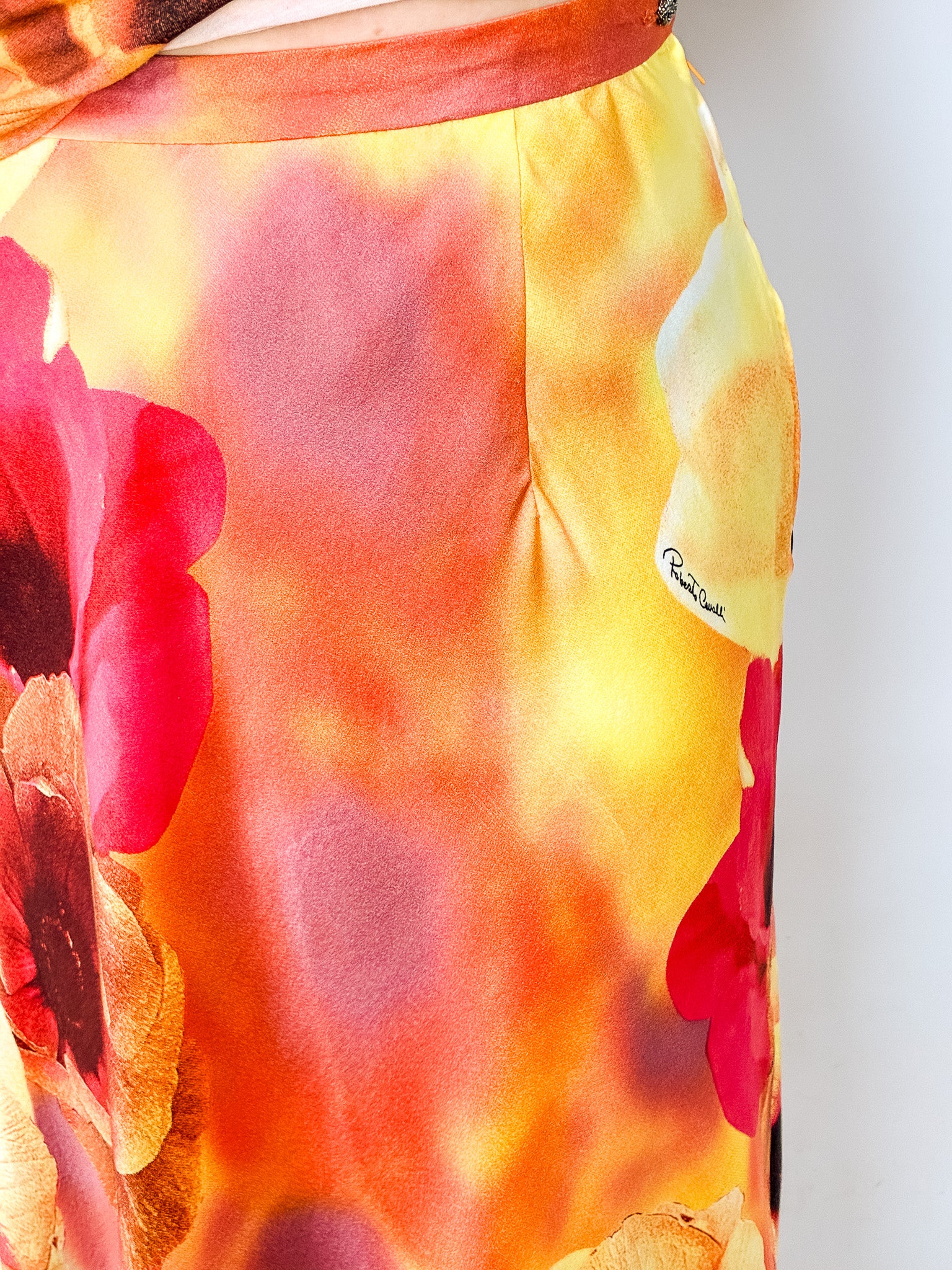 Roberto Cavalli SS 2002 Orange Floral Print Top & Skirt Set - M