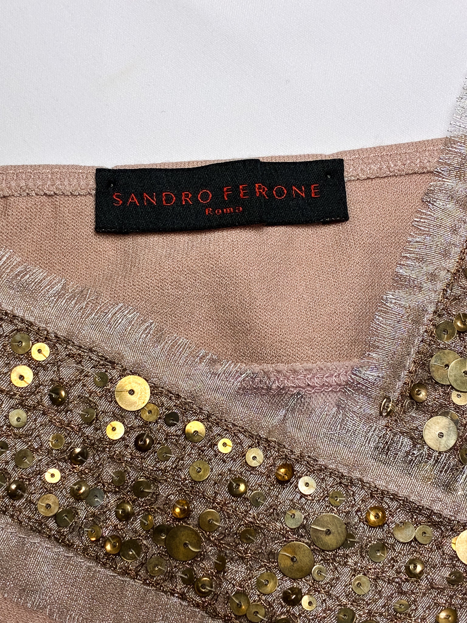 Sandro Ferrone Roma 2000s Blush Gold Sequin Trim Wrap Cami Top - S/M