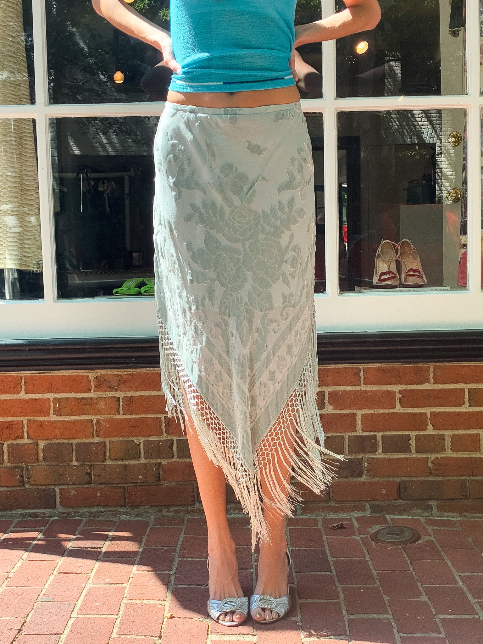 Aris A. 2000s Sage Silk Velvet Burnout Fringe Skirt - S-L