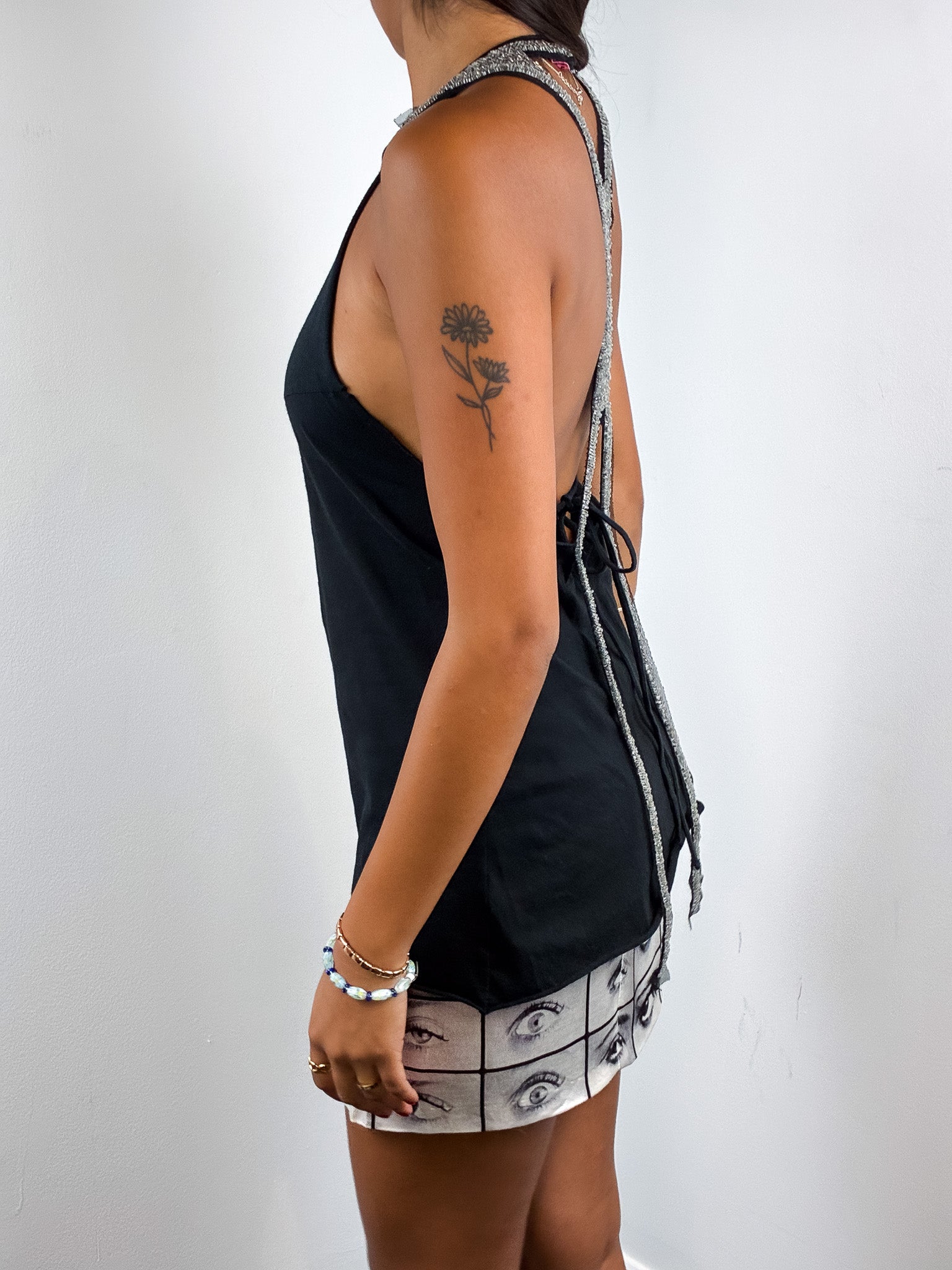 Fornarina 2000s Black Beaded Open Back Tank - XS/S
