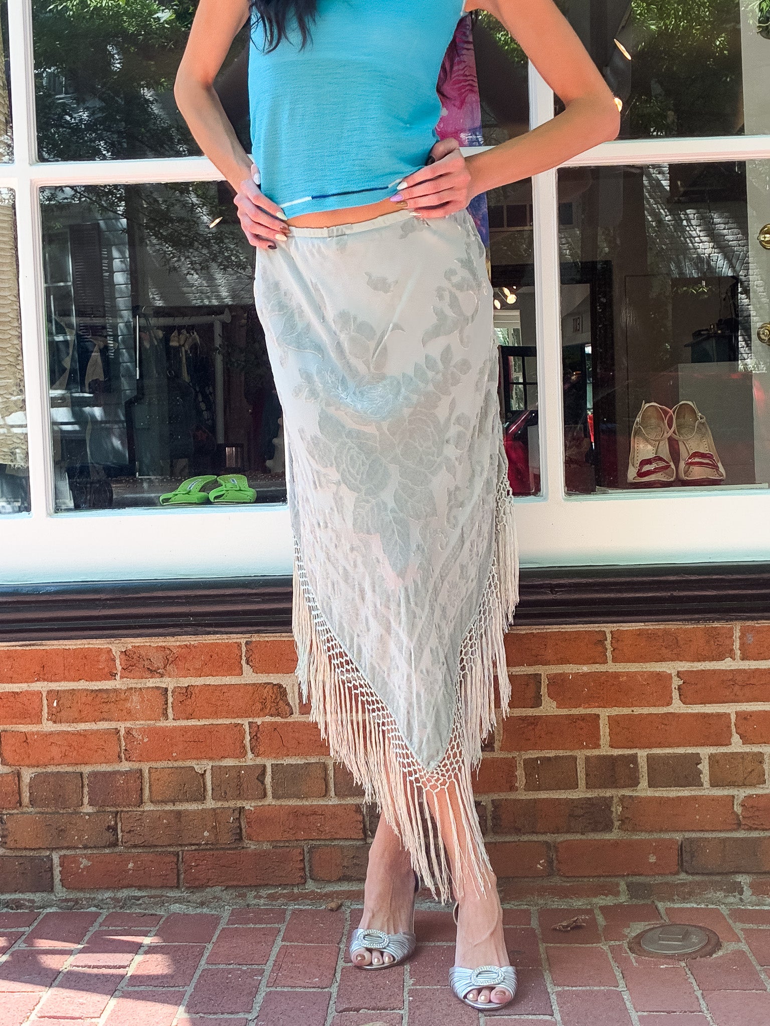 Aris A. 2000s Sage Silk Velvet Burnout Fringe Skirt - S-L