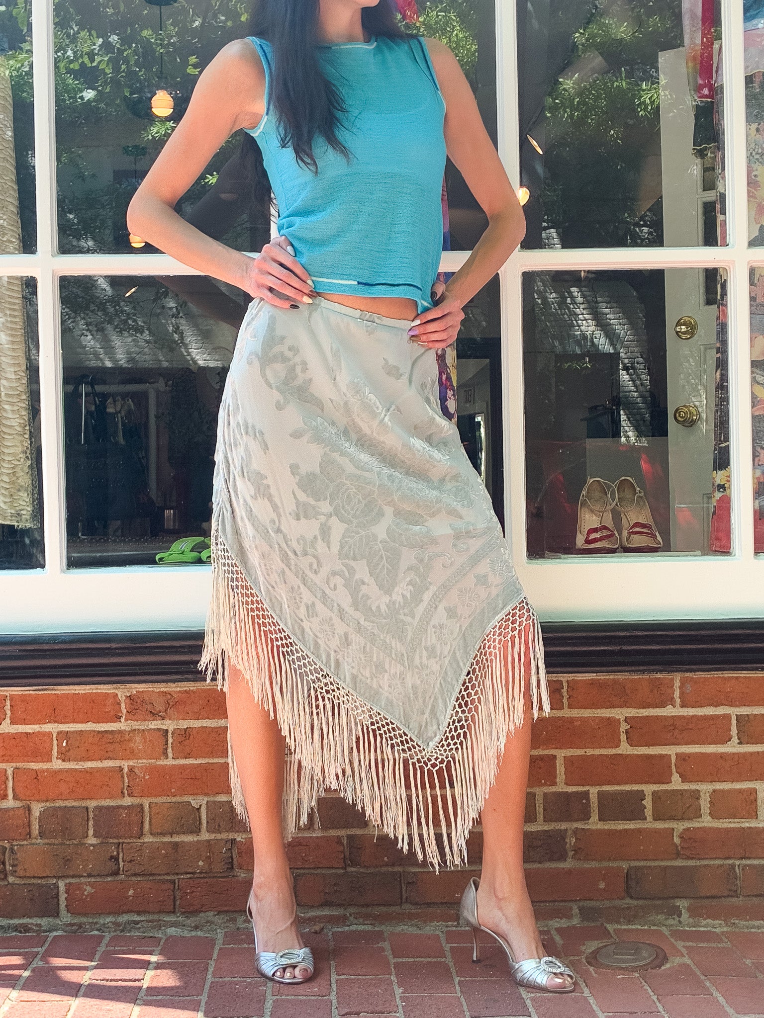 Aris A. 2000s Sage Silk Velvet Burnout Fringe Skirt - S-L
