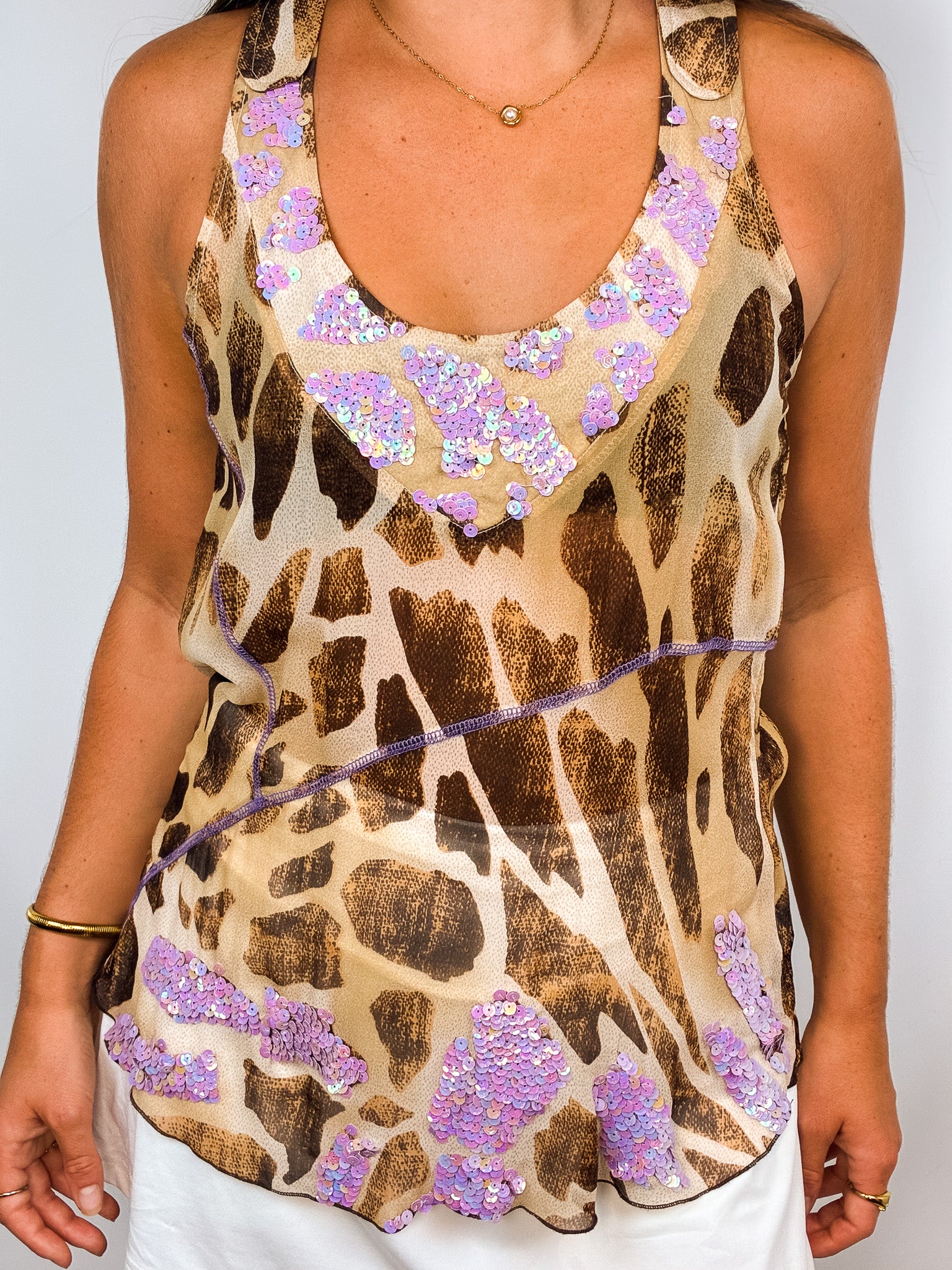 Laltramoda 2000s 100% Silk Leopard Print Sequin Top - S/M