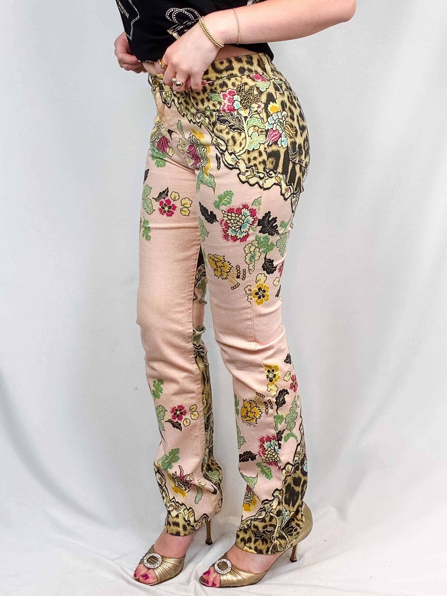 Roberto Cavalli SS 2003 Floral Chinoiserie Leopard Flared Jeans - W27