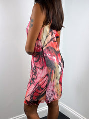 Cristina Gavioli 2000s Coral Butterfly Wing Print Sheer Mini Dress - M/L