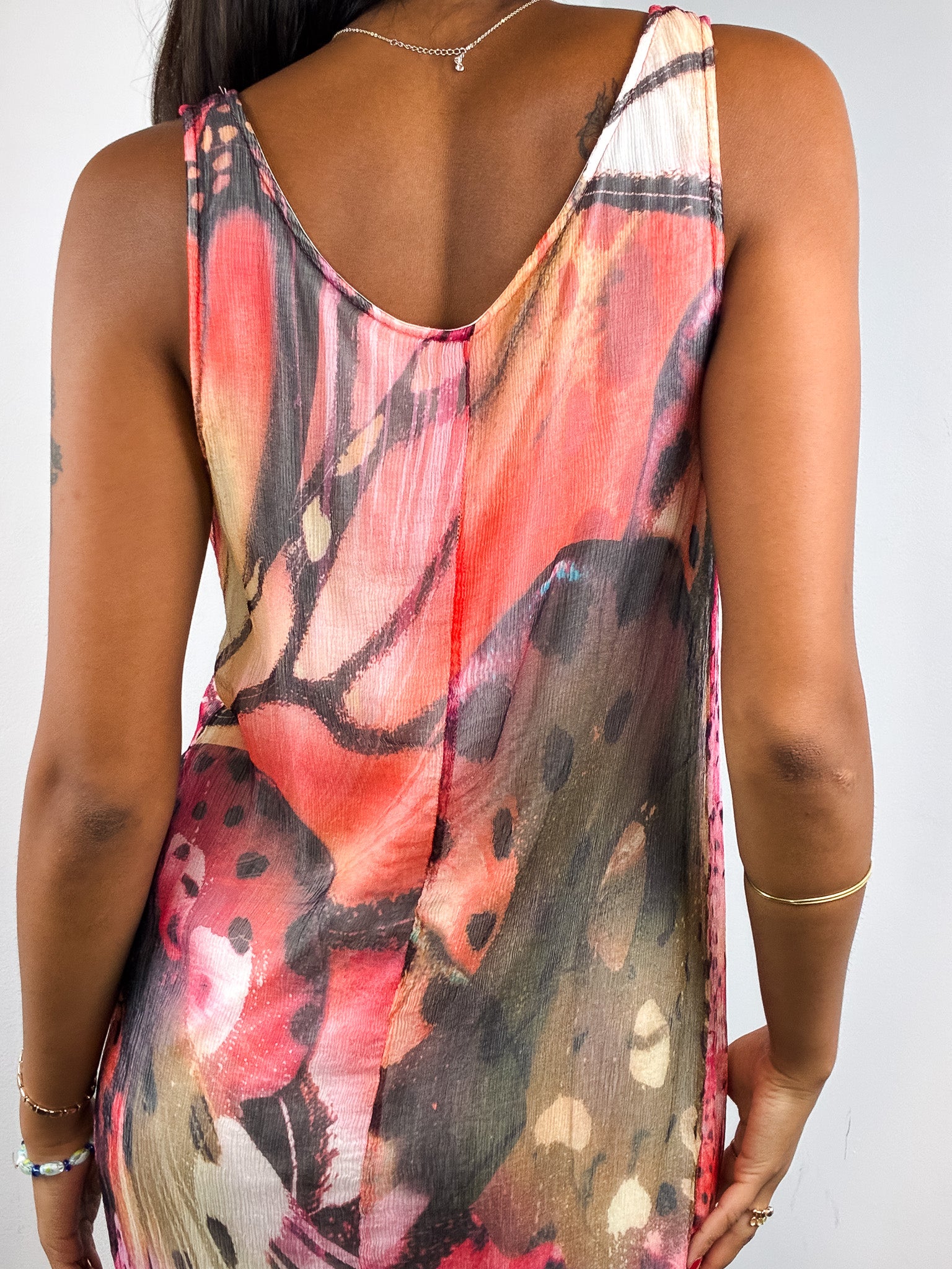 Cristina Gavioli 2000s Coral Butterfly Wing Print Sheer Mini Dress - M/L