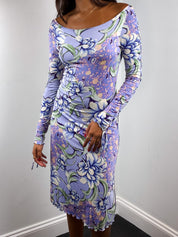 Etro 2000s Lilac Floral Braided Sleeve Jersey Midi Dress - S/M