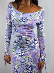 Etro 2000s Lilac Floral Braided Sleeve Jersey Midi Dress - S/M
