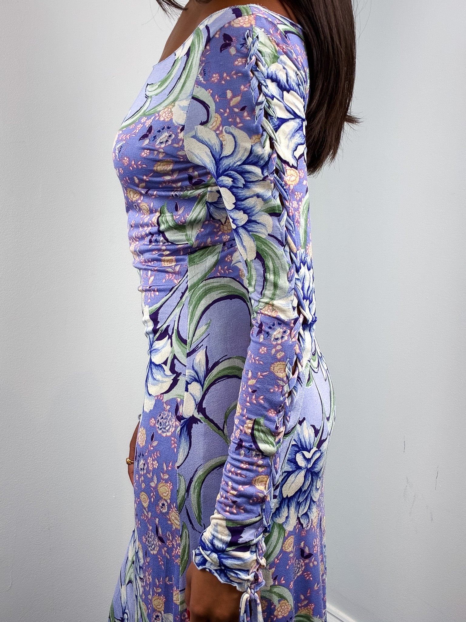 Etro 2000s Lilac Floral Braided Sleeve Jersey Midi Dress - S/M