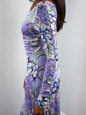 Etro 2000s Lilac Floral Braided Sleeve Jersey Midi Dress - S/M