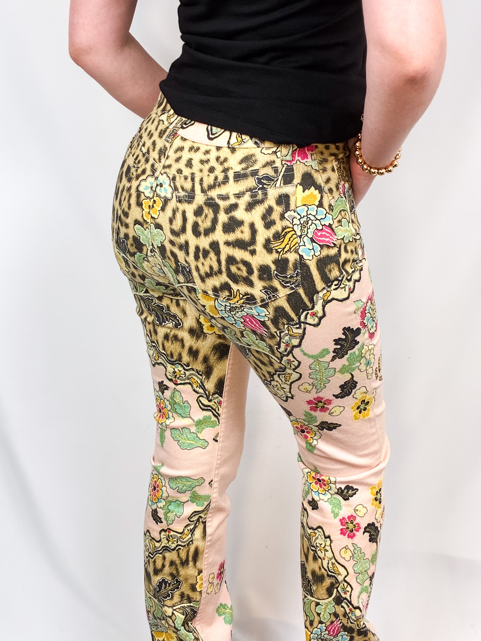 Roberto Cavalli SS 2003 Floral Chinoiserie Leopard Flared Jeans - W27