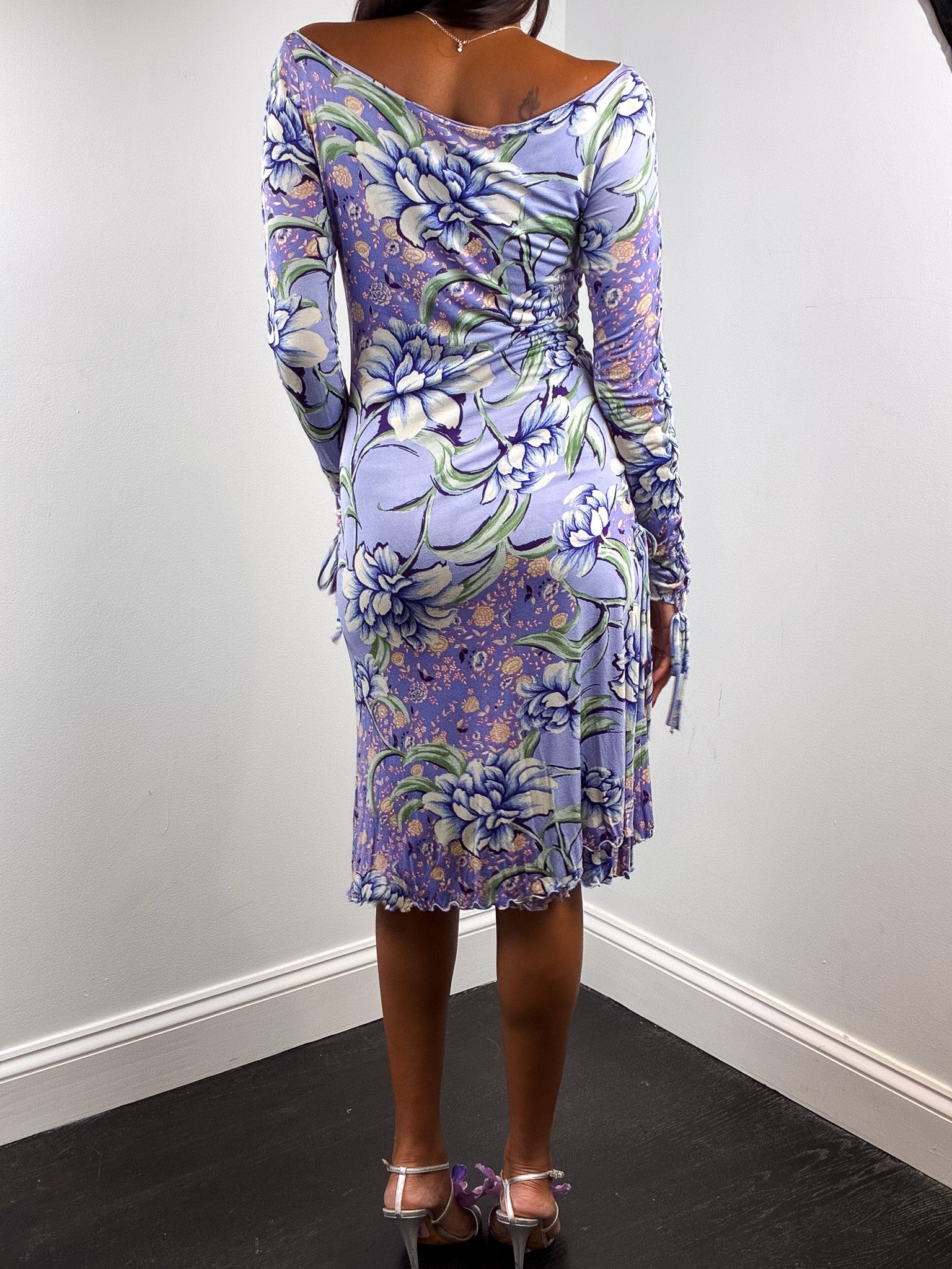 Etro 2000s Lilac Floral Braided Sleeve Jersey Midi Dress - S/M