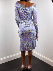 Etro 2000s Lilac Floral Braided Sleeve Jersey Midi Dress - S/M