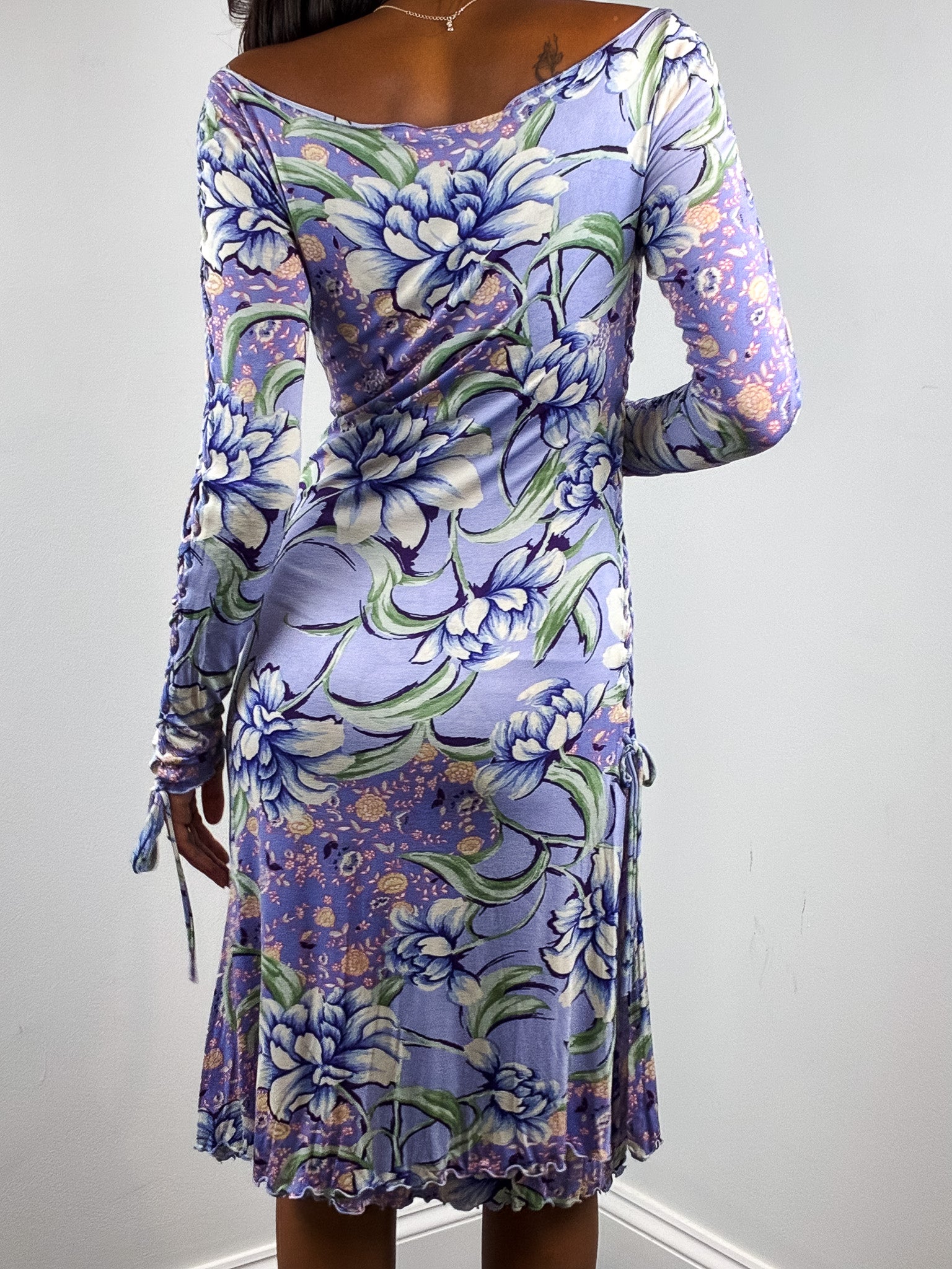 Etro 2000s Lilac Floral Braided Sleeve Jersey Midi Dress - S/M