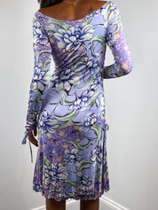 Etro 2000s Lilac Floral Braided Sleeve Jersey Midi Dress - S/M