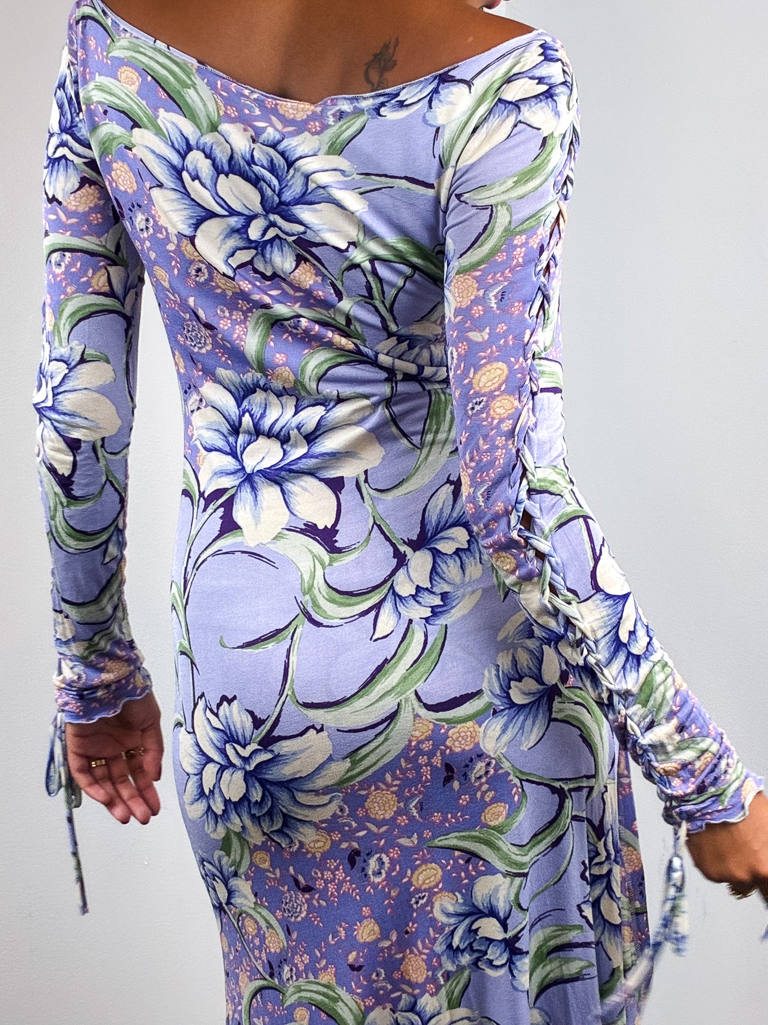 Etro 2000s Lilac Floral Braided Sleeve Jersey Midi Dress - S/M