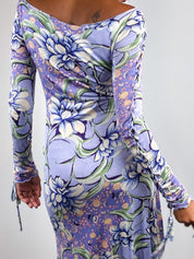 Etro 2000s Lilac Floral Braided Sleeve Jersey Midi Dress - S/M