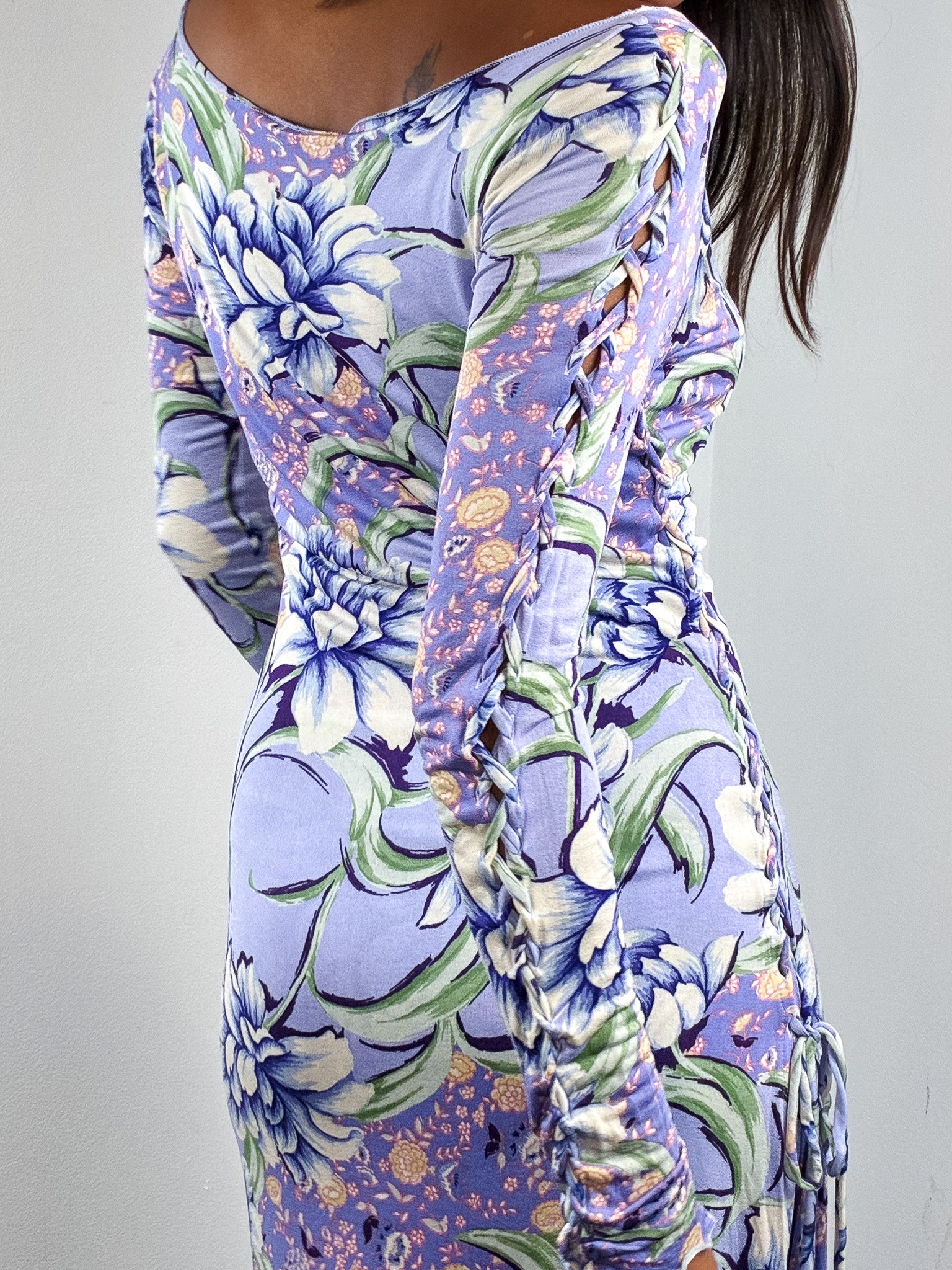 Etro 2000s Lilac Floral Braided Sleeve Jersey Midi Dress - S/M