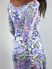 Etro 2000s Lilac Floral Braided Sleeve Jersey Midi Dress - S/M