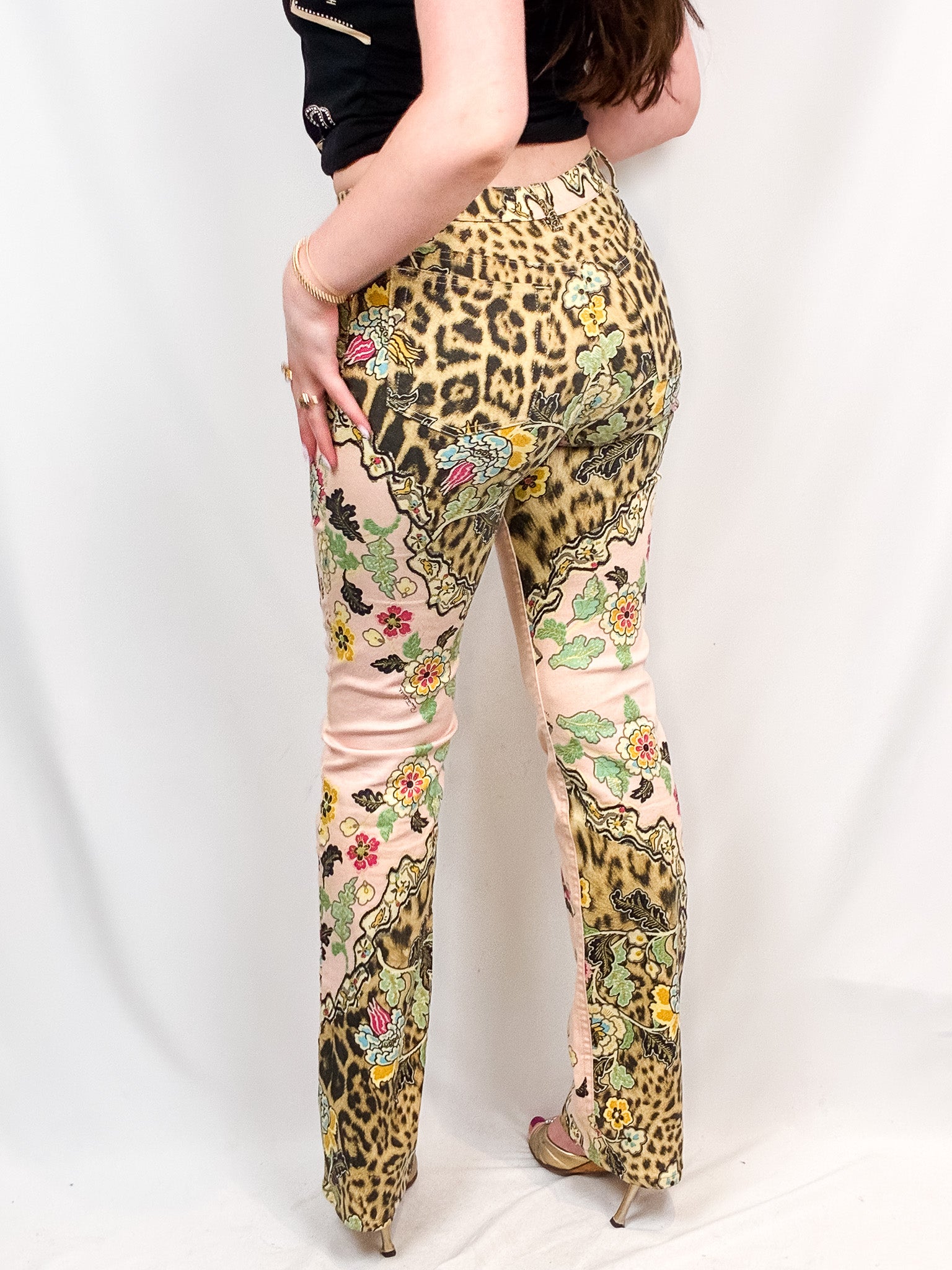 Roberto Cavalli SS 2003 Floral Chinoiserie Leopard Flared Jeans - W27