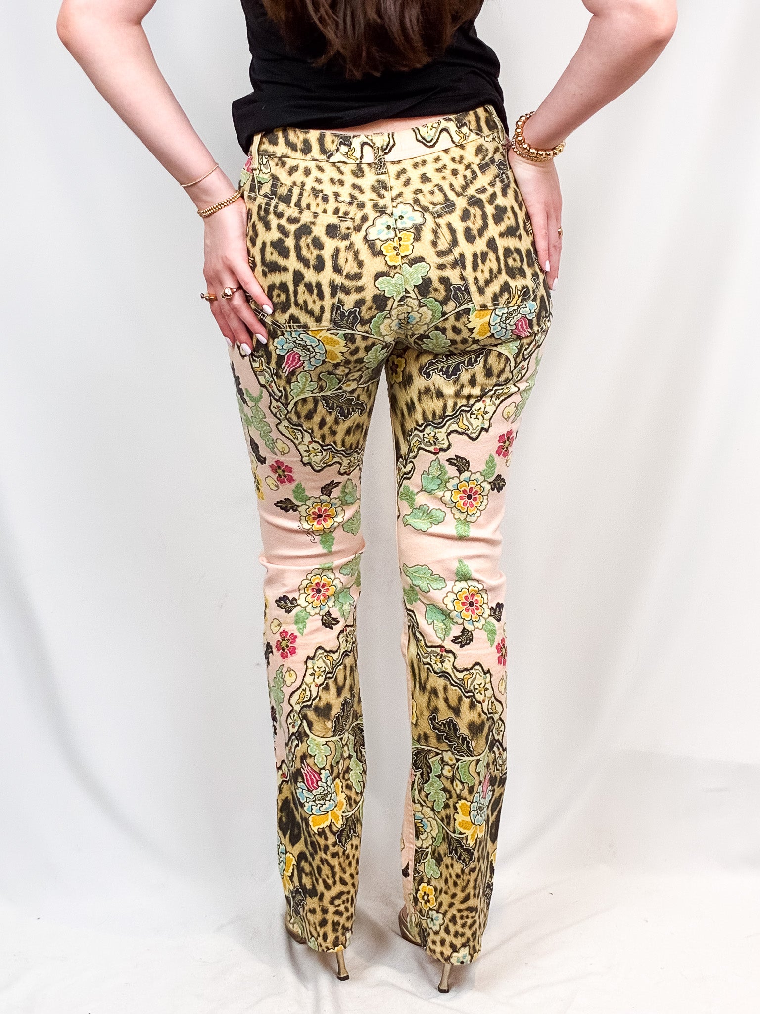 Roberto Cavalli SS 2003 Floral Chinoiserie Leopard Flared Jeans - W27
