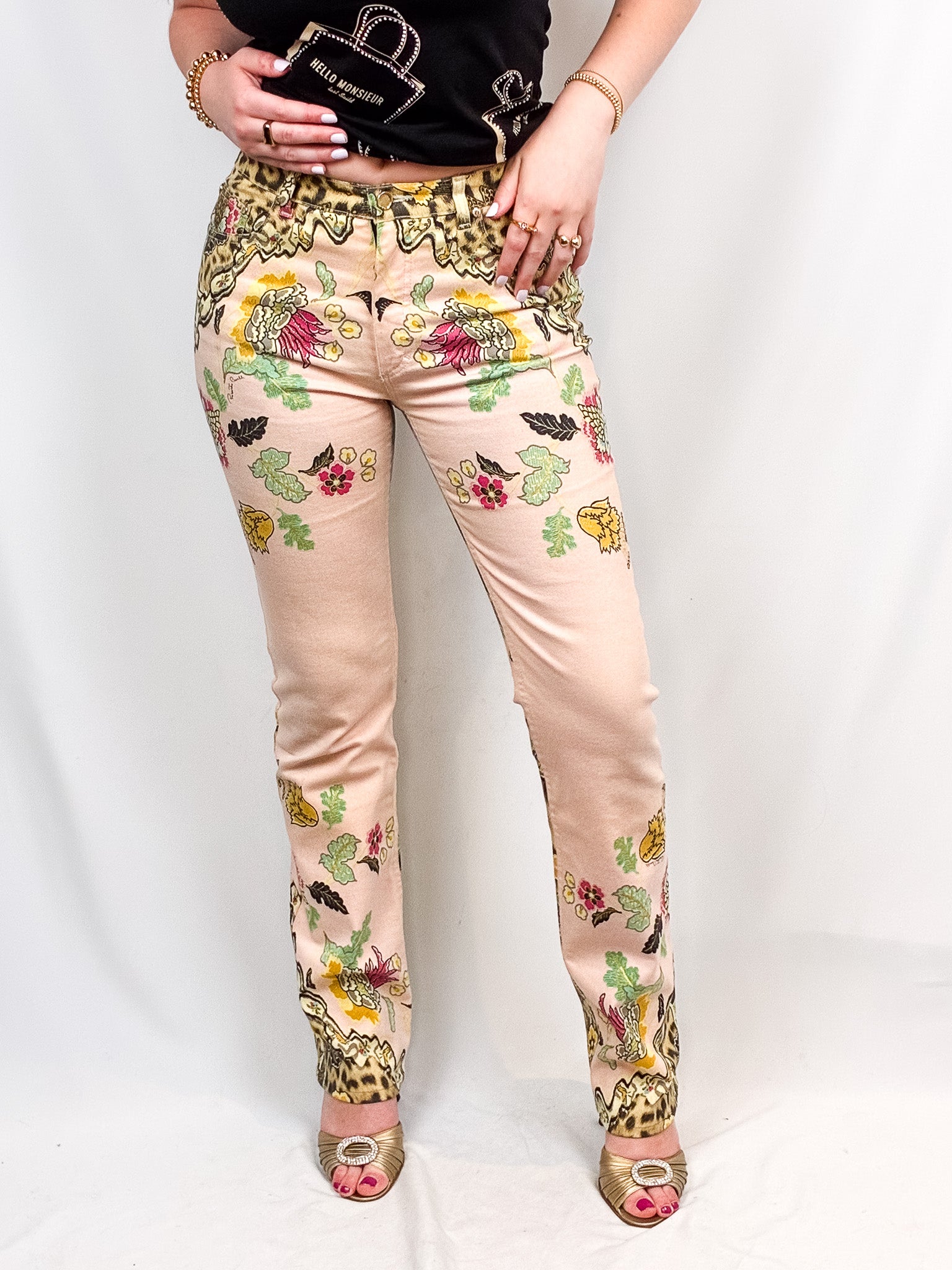 Roberto Cavalli SS 2003 Floral Chinoiserie Leopard Flared Jeans - W27