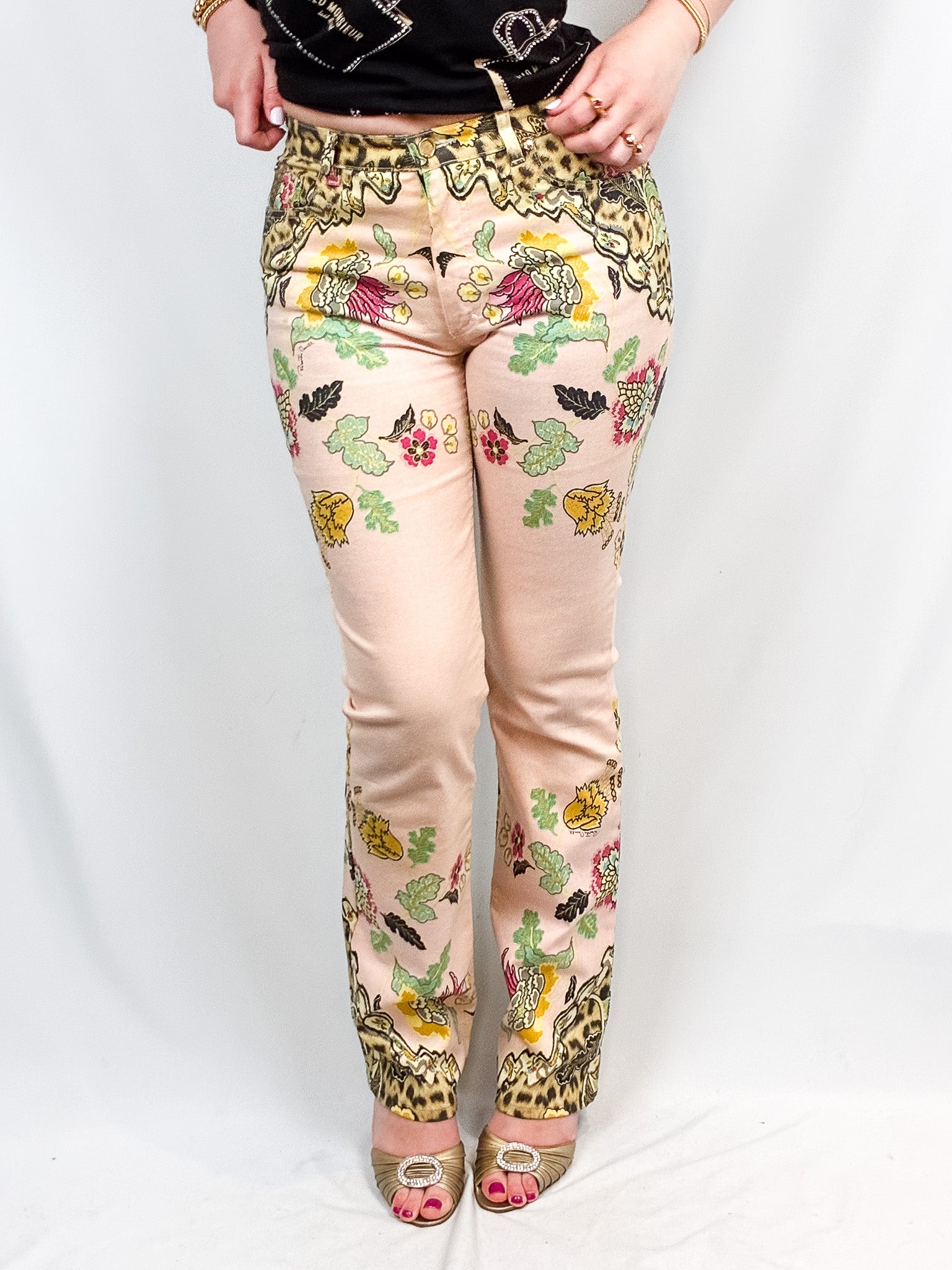 Roberto Cavalli SS 2003 Floral Chinoiserie Leopard Flared Jeans - W27