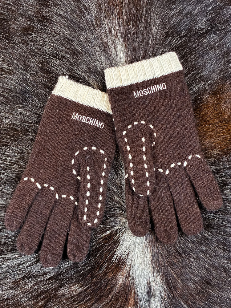 Moschino 2000s Brown Wool Knit Gloves with Bow Detail