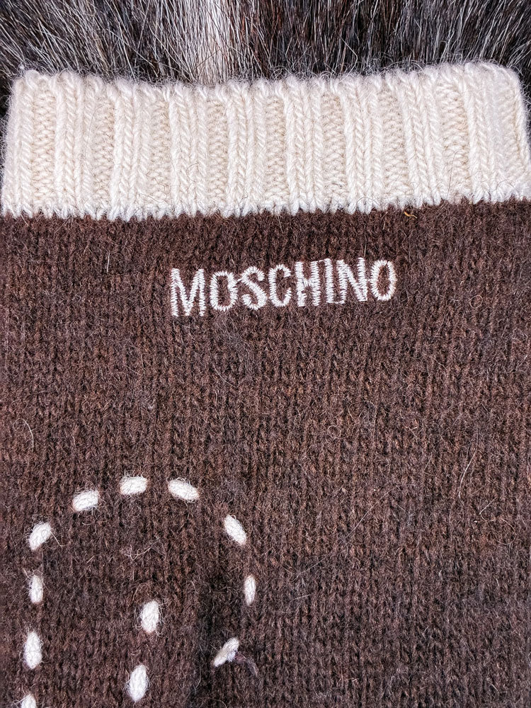 Moschino 2000s Brown Wool Knit Gloves with Bow Detail