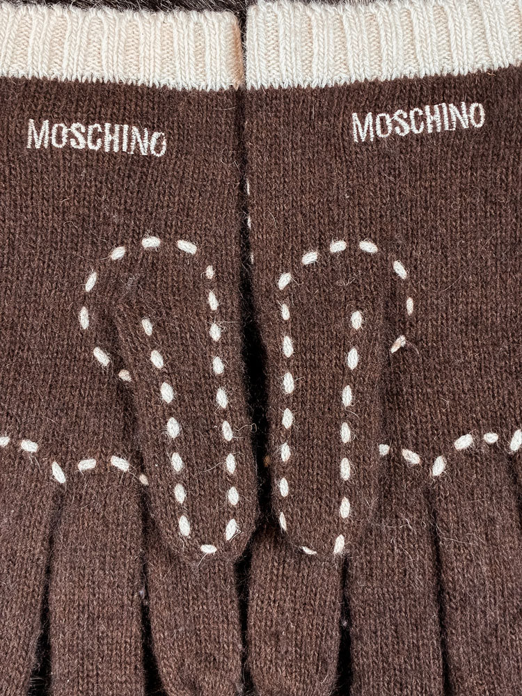 Moschino 2000s Brown Wool Knit Gloves with Bow Detail
