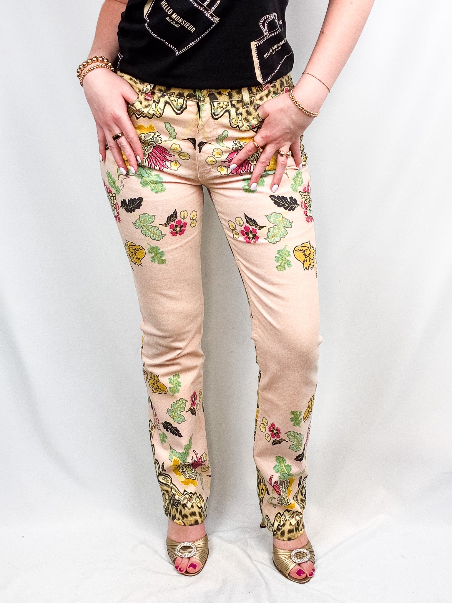 Roberto Cavalli SS 2003 Floral Chinoiserie Leopard Flared Jeans - W27